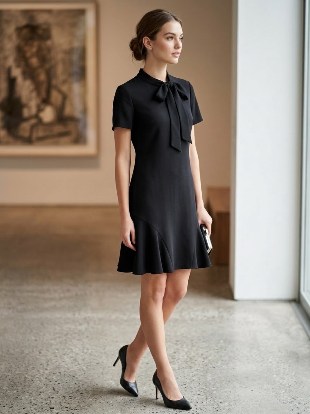 CeCe Black Tie-Neck Short Sleeve Midi Dress